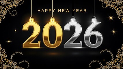 Happy New Year 2026 gold and silver numbers on black background