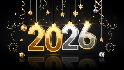 Shining 2026 gold and silver numbers with festive ornaments and stars