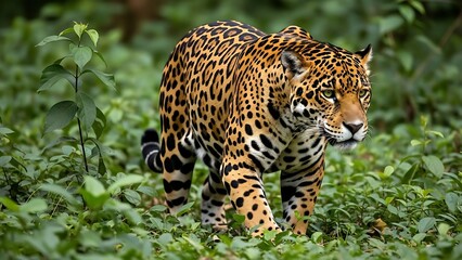 Majestic Jaguar in Jungle: A striking jaguar prowls through the lush undergrowth of the jungle, its spotted coat blending seamlessly with the vibrant green foliage, showcasing nature's artistry.