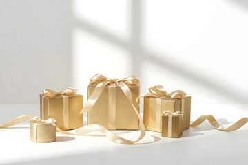 Minimalist Gold Gift Boxes and Ribbon with Sunlight and Shadow