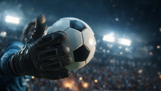 The goalkeeper is holding a soccer ball in his hands. Ball throw-in from the goal.