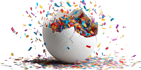 Cracked egg revealing colorful surprise isolated on white background