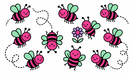 Cute vector set of cartoon pink flying bees, some with dotted trails, isolated on a white background, concept for children's fashion, sticker design and spring packaging