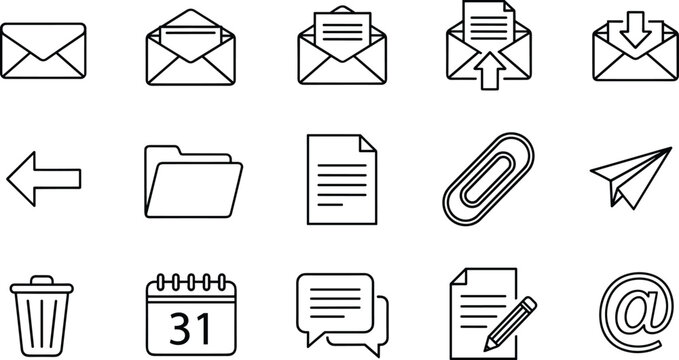 Set of thin line email and office communication icons featuring envelopes with letters paper planes folders paper clips chat bubbles and calendar symbols isolated on white background 