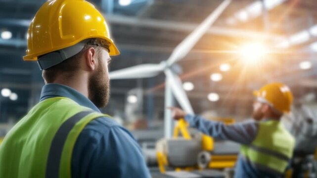 Harnessing Tomorrow: Two figures, adorned in protective headwear, stand against a powerful industrial wind turbine, its blades poised. A visual narrative of sustainable progress.
