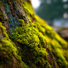 Vibrant green moss and lichen growing on textured tree bark in misty forest with soft bokeh background, nature macro photography detail
