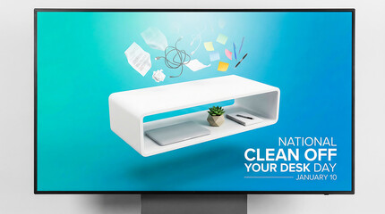 National clean off your desk day promotion with organizer and digital icons
