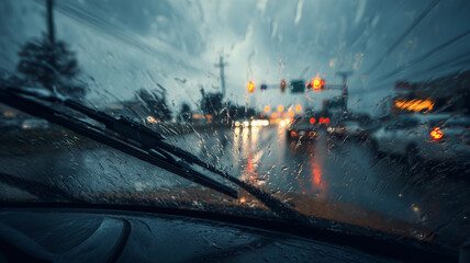 Car wipers work during heavy rain with a wide viewing angle through the windshield. © nirwati