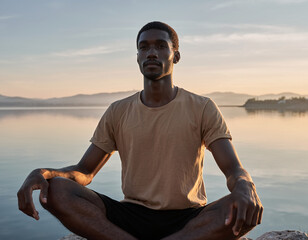 Serene Black Man Meditating Outdoors by a Calm Body of Water at Sunrise, Embracing Tranquility and Inner Peace