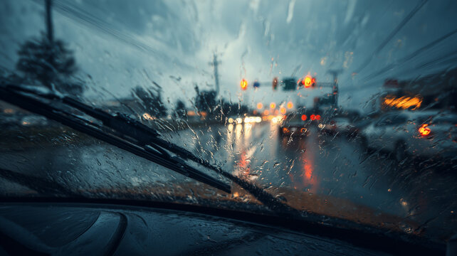 Car wipers work during heavy rain with a wide viewing angle through the windshield.