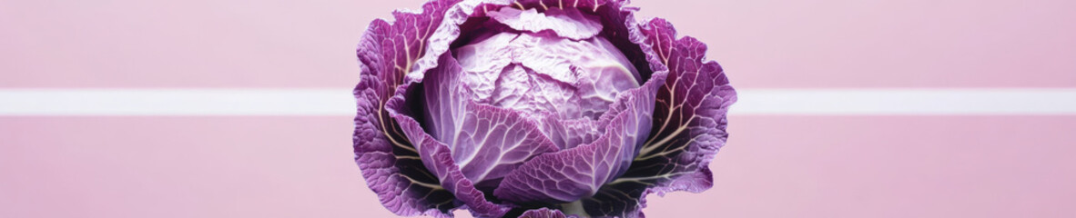 Purple cabbage head on pastel pink background banner

