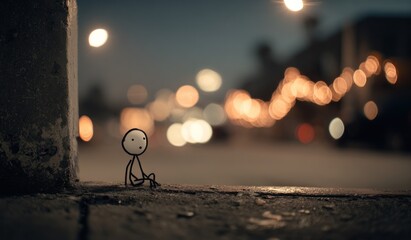 Cartoon figure sits alone at dusk with city lights blurred background