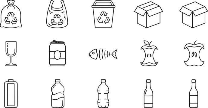 Set of black line icons for recycling and waste management featuring plastic bottles, glass, organic waste, bin, bags and cardboard boxes.