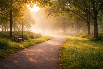 Empty Park Running Path In Morning Fog