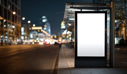 Blank billboard advertisement at night with city lights background