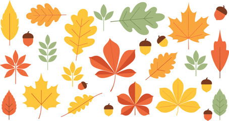 Flat Autumn Foliage Vector Set with Leaves and Acorns for Seasonal Decoration Designs © Sumon Creative