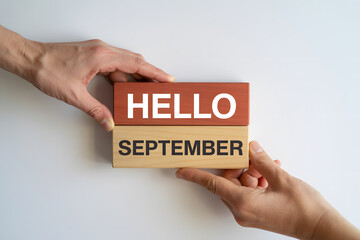 "Hello September" Visual Concept on Wooden Blocks for Business or Media. Minimalist Wooden Blocks Composition.