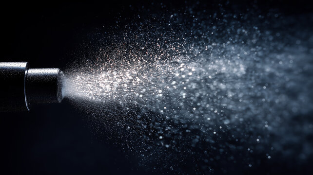 Close-up view of liquid spray from a nozzle with dynamic splash and fine mist.