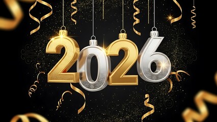 Shiny 2026 New Year celebration with golden and silver ornaments