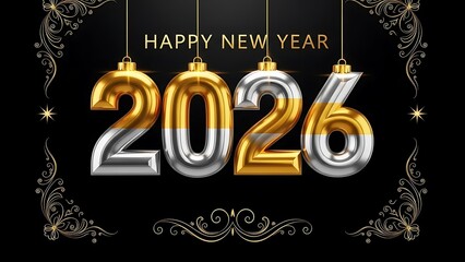 Happy New Year 2026 Celebration with Golden and Silver Ornaments