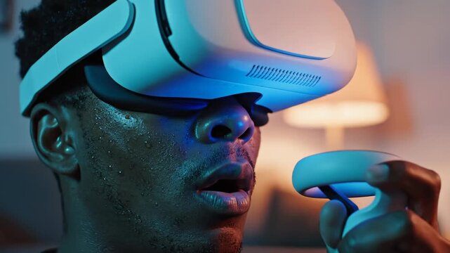 Man enjoying Virtual Reality gaming headset at night technology experience