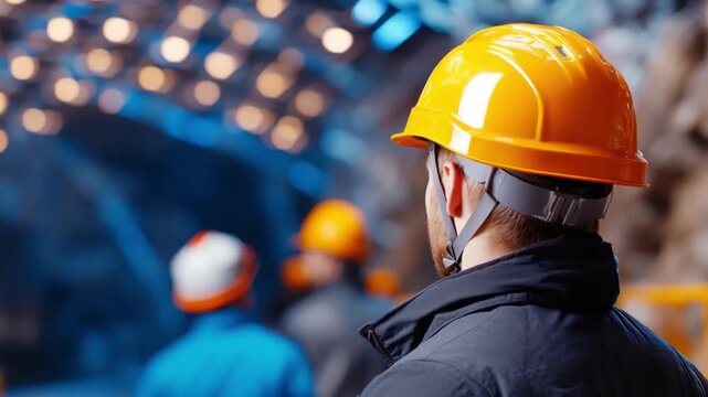 Focused Vision: A diligent worker wearing a protective yellow helmet and work uniform, gazing intently ahead with colleagues working in the background.