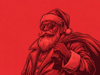 Fototapeta premium Red monochrome illustration of cool Santa Claus wearing sunglasses with a gift sack