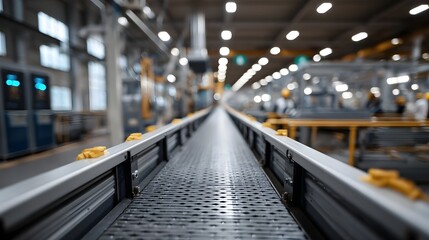 Fototapeta premium A long industrial conveyor belt stretches through a modern blurred factory production line