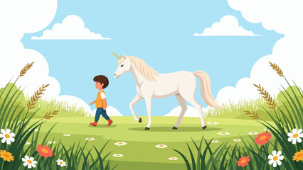 Boy and Unicorn Walking Together in a Lush Green Meadow.