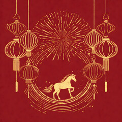 Fototapeta premium Festive lunar new year greeting with hanging lanterns fireworks and horse symbol centered