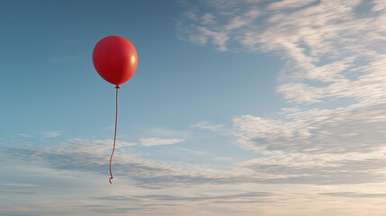 A Vivid Red Balloon Floats with a String in the Clear Blue Sky, Adorned by Soft White Clouds, Evoking Freedom in Nature&rsquo;s Tranquil Daytime