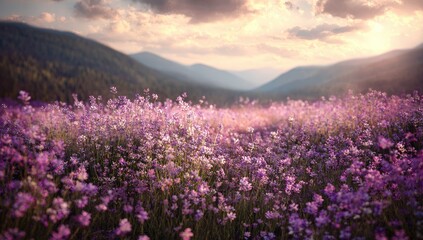 Fototapeta premium Field of purple wildflowers bathed in soft golden light.