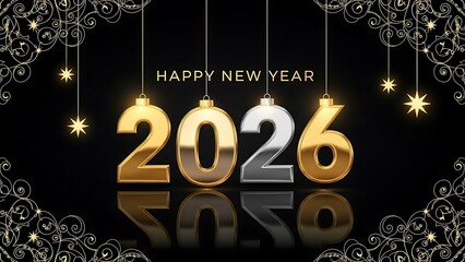 Happy New Year 2026 celebration with golden and silver ornaments