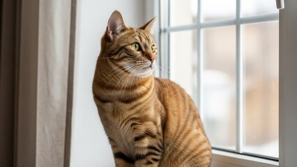 Cat on the Windowsill: A ginger cat lounges on a windowsill, gazing thoughtfully outdoors, framed by a window, bathed in soft, natural light, expressing quiet contemplation.