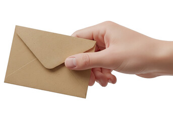 Fototapeta premium Hand holding a brown envelope isolated on transparent background