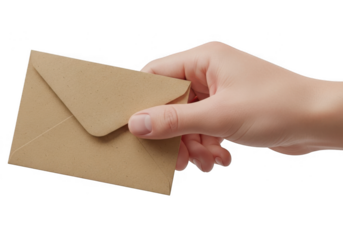 Hand holding a brown envelope isolated on transparent background