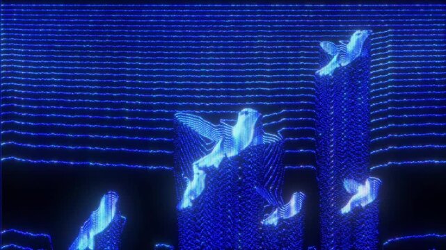 4K Neon bird silhouettes animation, glowing digital birds in flight across CRT screen, purple and blue pixel shapes, scanlines and glitch distortion, rhythmic motion pattern, retro electronic