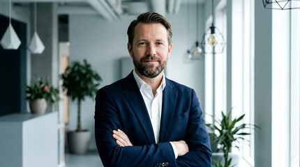 a professional man with a beard stands confidently with arms crossed in a modern office setting high quality detailed elegant stylish