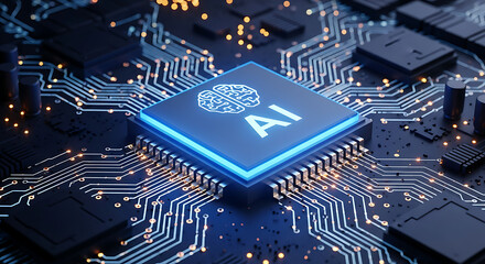 A macro closeup of a green computer motherboard reveals a complex digital circuit board where a semiconductor microchip and hardware components showcase advanced electronic engineering technology