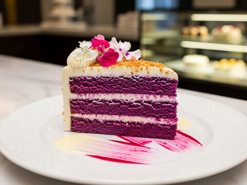 Slice of purple ube velvet cake decorated with edible flowers and crumbles on a white plate. Gourmet layered sponge cake served in a luxury cafe