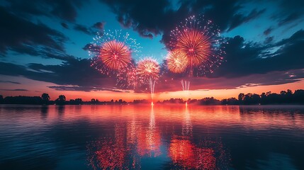 Red and white fireworks explode over calm lake at sunset with reflections celebration