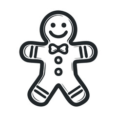 Simple black and white illustration of a smiling gingerbread person ideal for festive decorations, sweet treat promotions, or playful seasonal branding projects