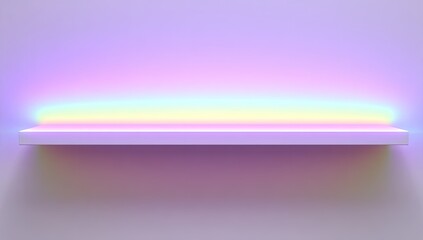 A clean shelf displays a soft pastel rainbow glow against a light purple background.