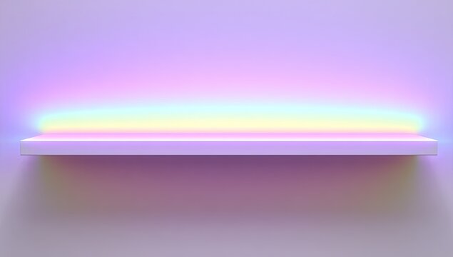 A clean shelf displays a soft pastel rainbow glow against a light purple background.