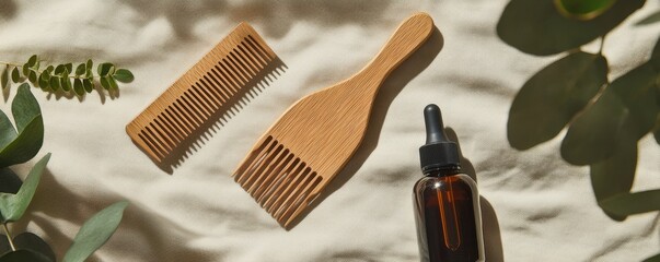Natural Wooden Hair Tools with Oil on Soft Fabric Background