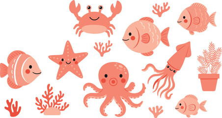 Flat Cartoon Underwater Sea Animals Vector Set for Kids Aquarium Ocean and Marine Designs © Sumon Creative