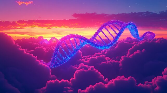 Abstract glowing dna helix structure in ethereal clouds at sunset high resolution image