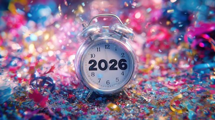Vintage Alarm Clock with 2026 Display on Confetti Background for New Year Celebrations