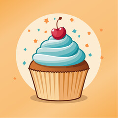 A delicious cupcake with blue frosting and a cherry on top, perfect for celebrations.