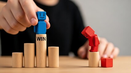 Businessman building success with wooden blocks and toy figures